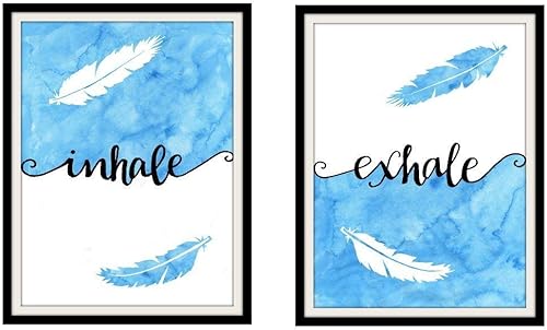 Inhale Exhale Quote Pair of Art Prints Feather Artwork Zen Wall Decor - 2 Pieces Unframed (11x14, Blue & White)