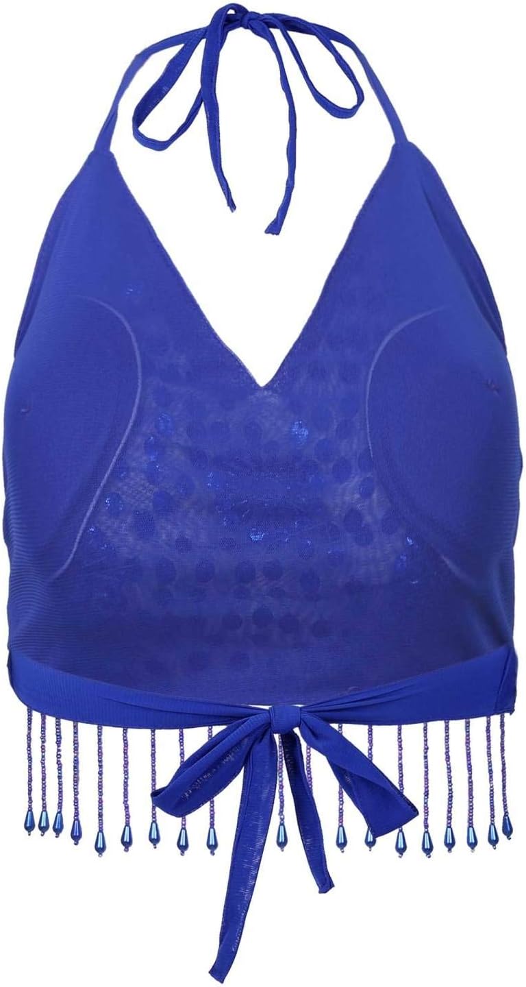 FEESHOW Women Belly Dance Bras Padded Shiny Glitter Sequins Tassel Top Halter Padded Bra Top