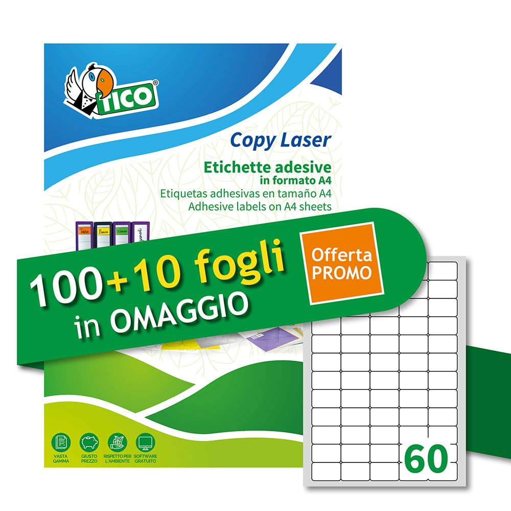 Tico Italia LP4W-3723P White Multi-Purpose Adhesive Labels, 100 + 10 Extra Sheets, Rectangular 37x23mm, 60 Labels Per Sheet, Permanent Adhesive, Laser and Inkjet Printers