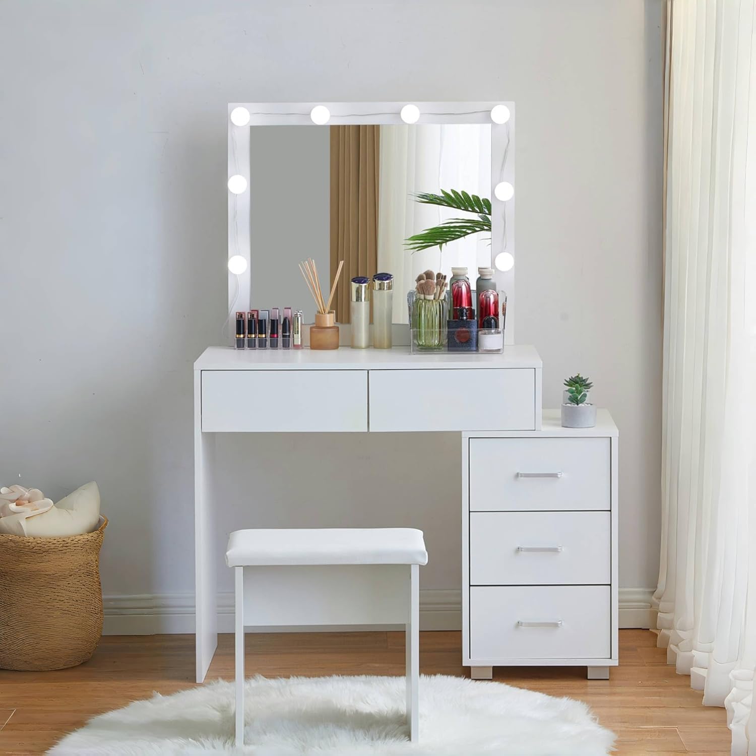 CLIPOP Schminktisch mit Spiegel und Beleuchtung,Verstellbare Helligkeit,Make-up Tisch mit 5 Schubladen und Dehnbarem Nachttisch,Modernes Frisiertisch Kosmetiktisch Hocker Set Schlafzimmermöbel
