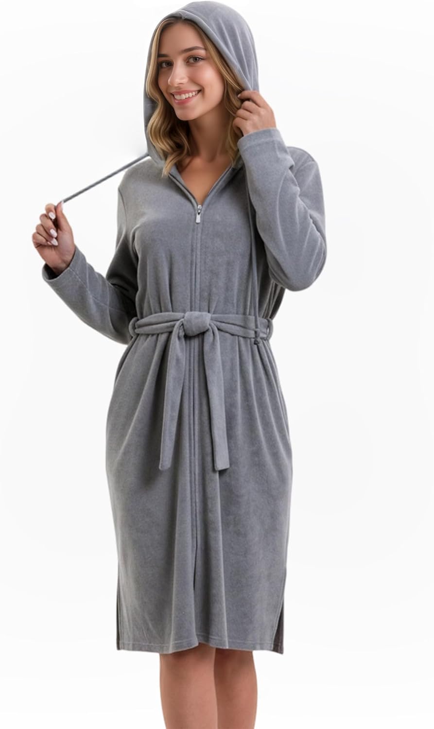 Women Terry Cloth Zipper Robe Zip Up Bathrobes with Pockets Hooded Cotton Housecoat Nightgown Loungewear Sleepwear - Image 2