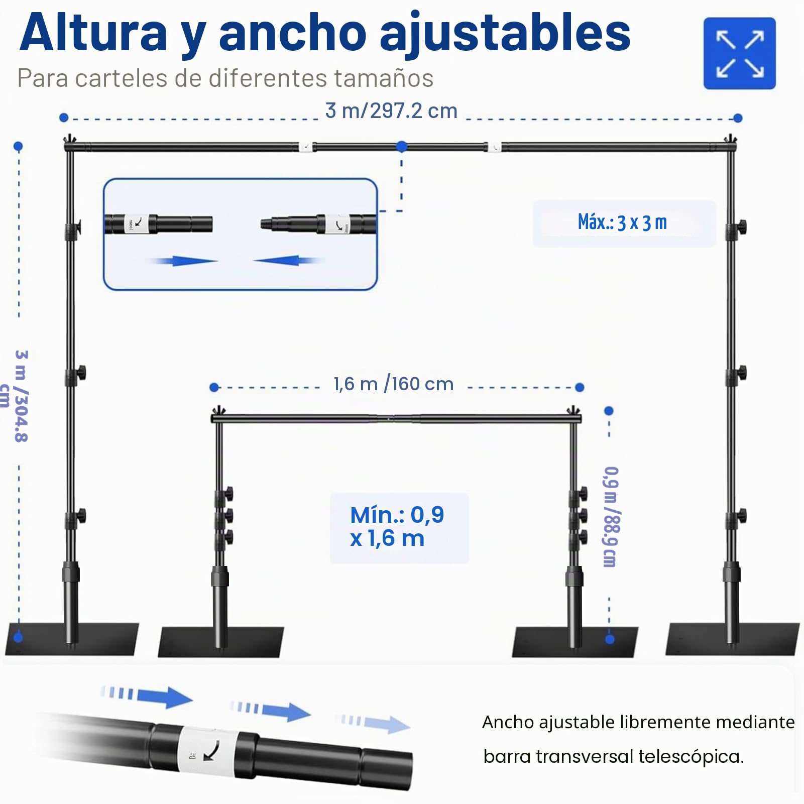 EMART Soporte de Fondo 3x3m con Base de Acero, Sistema de Telón Profesional para Fotografía Set con Bolsa de Transporte para Retrato, Estudio Fotográfico de Producto