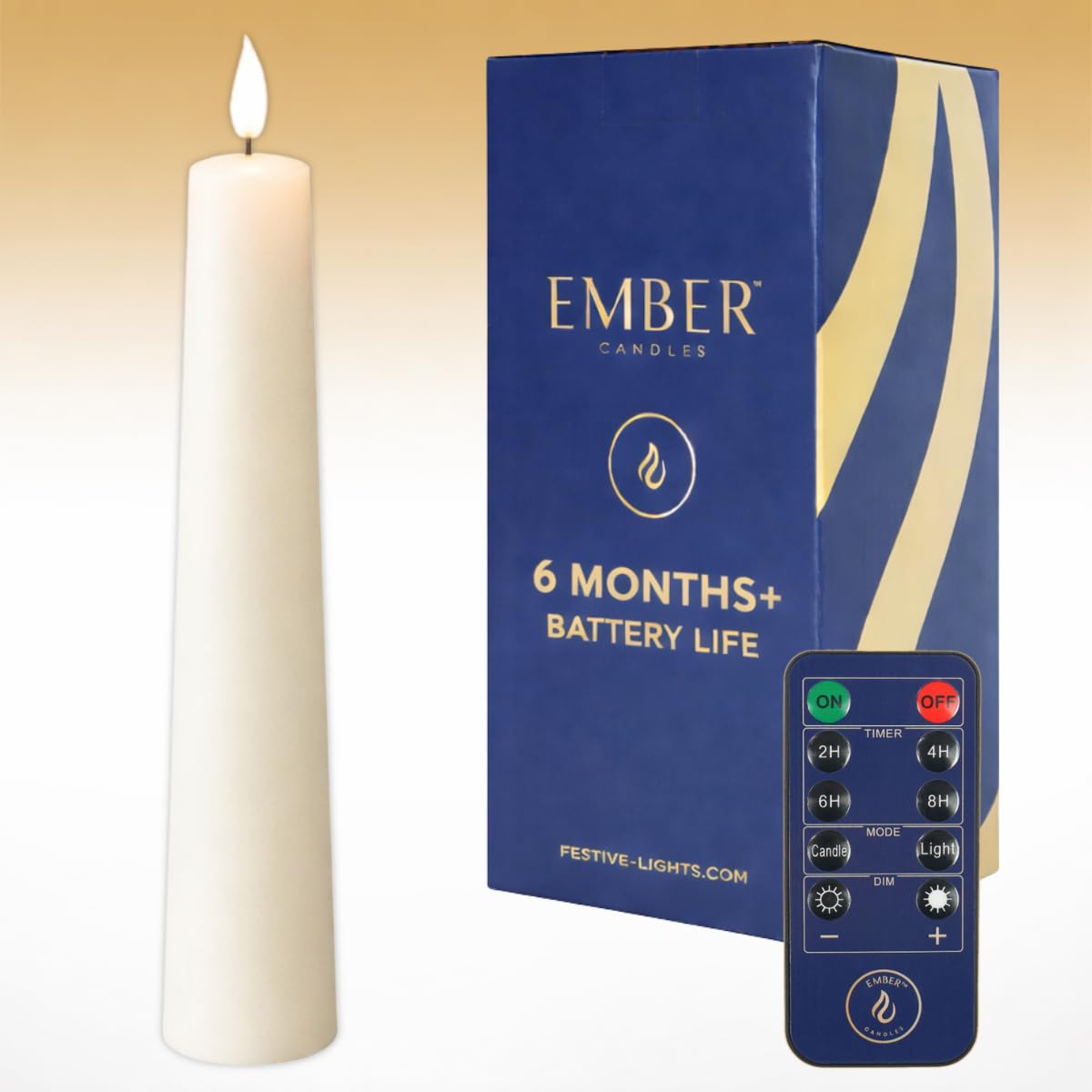 Ember Candles™ 26cm Ivory Taper LED Tall Flickering Battery Candle – 100% Real Wax, Ultra-Realistic, Flameless, Hand-Poured Design, 6-Hour Timer for Safe Indoor Use (with Remote Control)