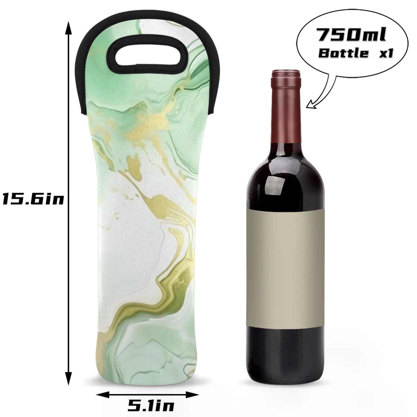 Neoprene Wine Tote Carrier Bag for Wine,Water, Champagne, Beer, Baby Bottles 15.6 x 5.1 Inches, Protective Wine Bag,Abstract Green
