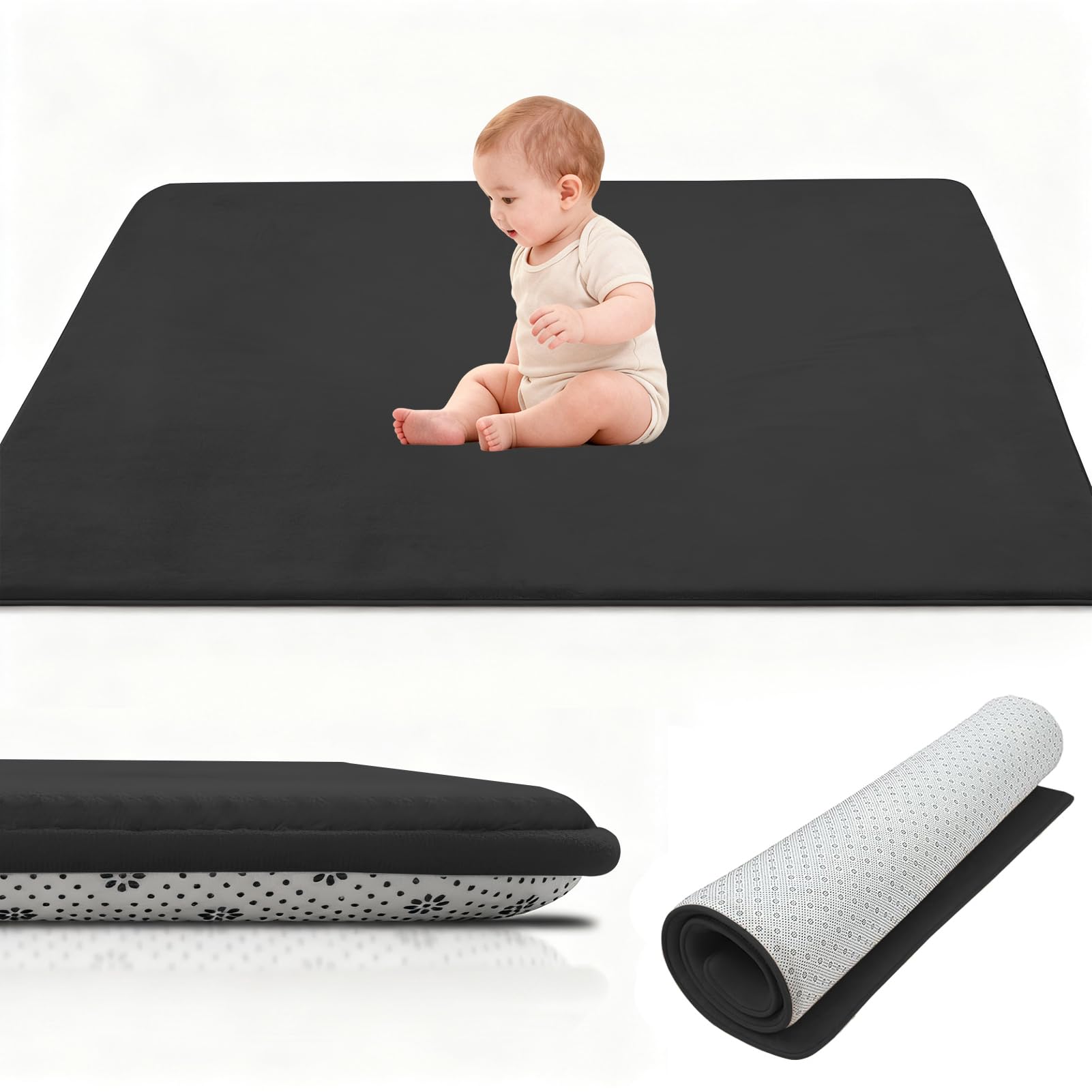 Stqyeiw Coral Velvet Thick Baby Play Mat, 2cm Memory Foam Rug, Baby Crawl Mat, Large Baby Activity Play Mat, Non Slip Children's Floor Tatami Rugs 90 x 200 cm Black