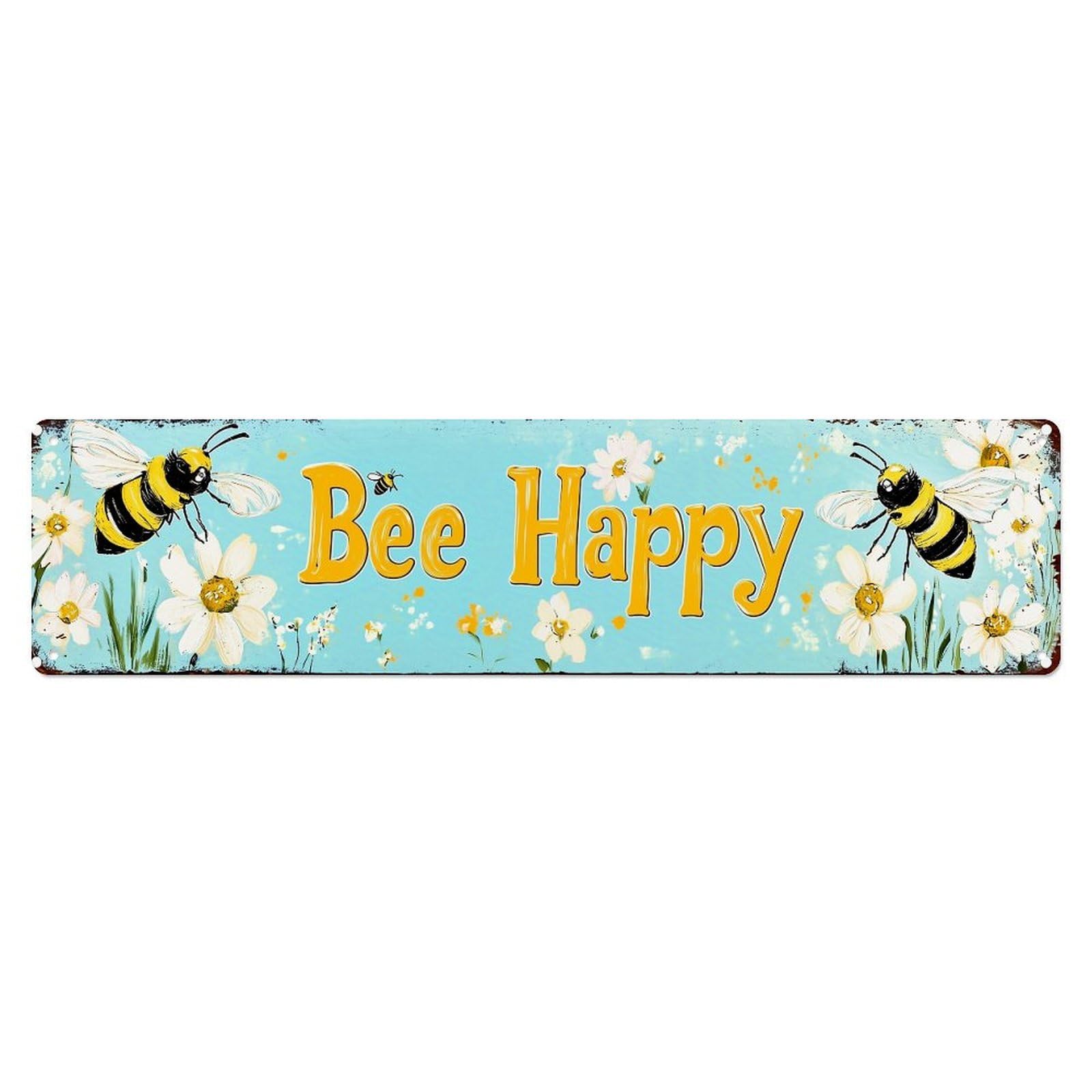 Bee Happy Flower Pattern Print Vintage Tin Sign Retro Metal Wall Decor Metal Poster, Home Bar Garage Farmhouse Cafe Wall Art Decoration 4x16Inch
