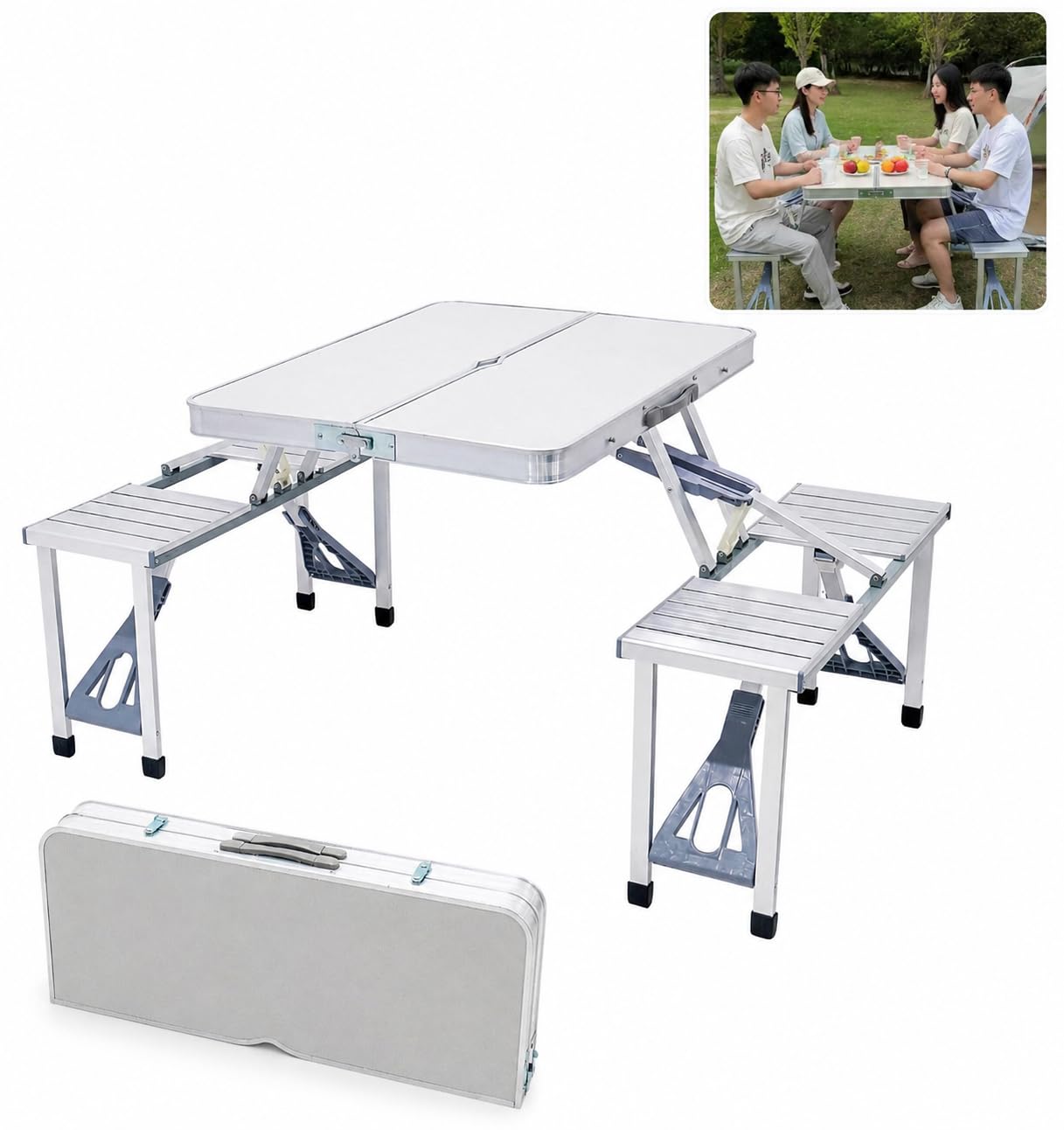 AURINA Portable Folding Picnic Table with 4 Seats | Lightweight Aluminium Camping Table Set | Foldable Outdoor Dining Table for Picnic, Garden, Beach, BBQ & Travel Use | Easy Carry Suitcase Design