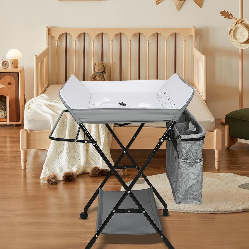 homewell Cambiador portátil plegable, altura ajustable, cambiador para bebé con ruedas y cinturón de seguridad, cambiador impermeable