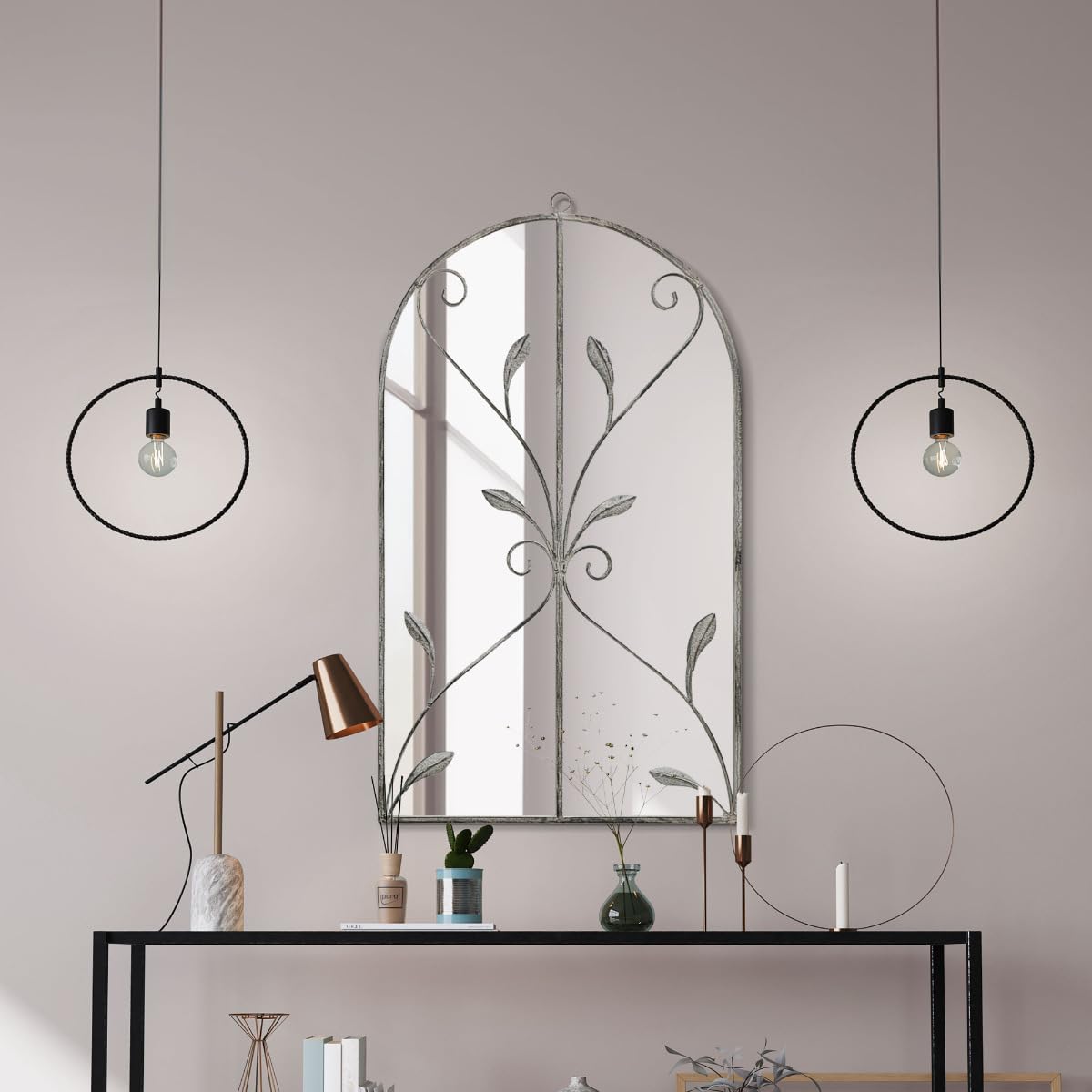 MirrorOutlet The Arcus - Concrete Colour Framed Modern Arched Wall Mirror 31" X 18" (80CM X 46CM) Silver Mirror Glass with Black All weather Backing.