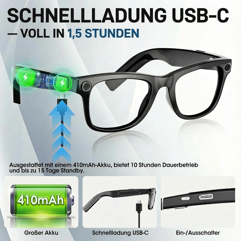 Brille mit Kamera, 8 MP 1080P Smart Glasses Dual-Core-Prozessor mit KI-Assistent für Echtzeitübersetzungen, 410 mAh für 16 Stunden Standby-Zeit, WLAN Bluetooth Intelligente Brille