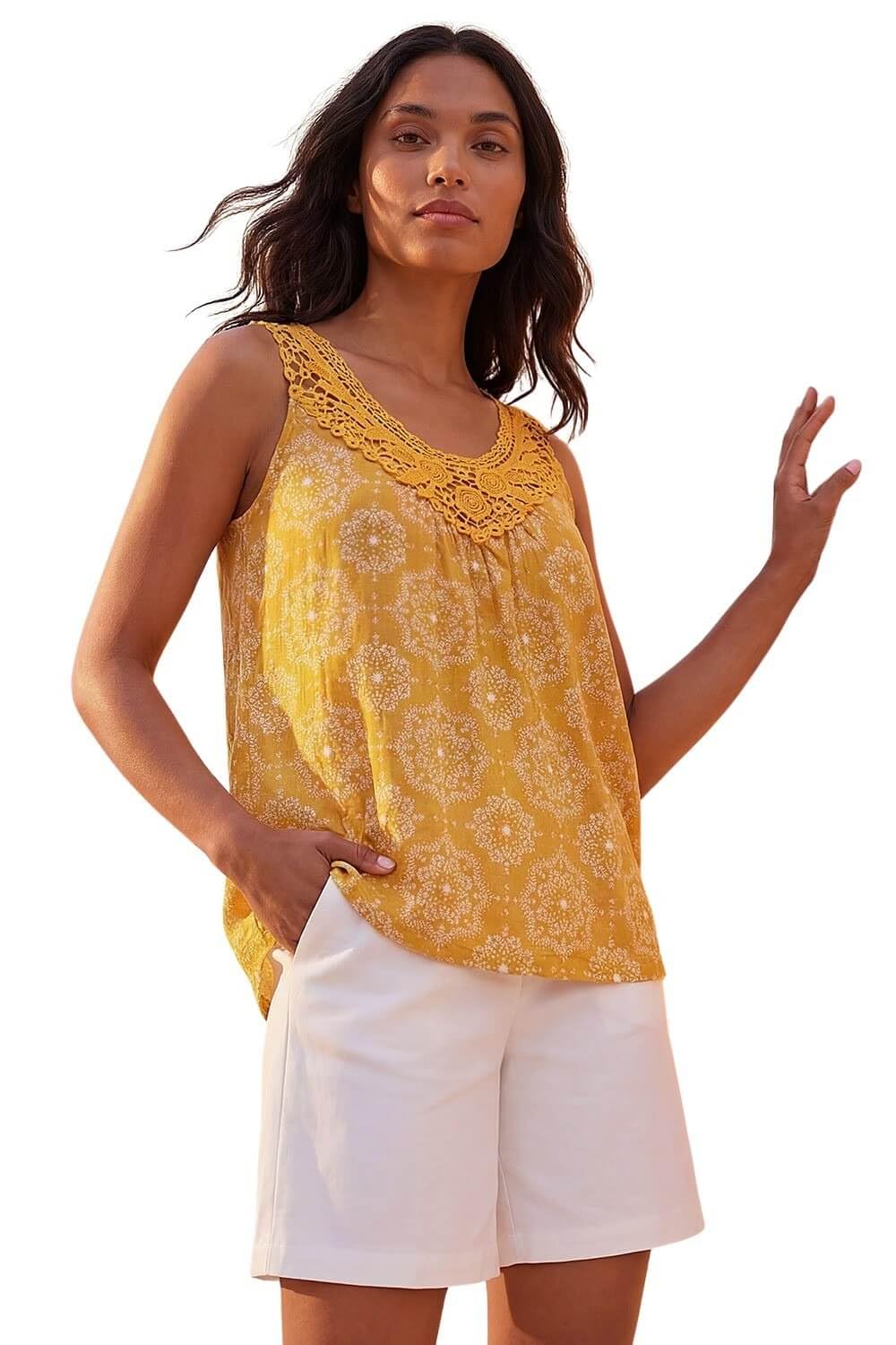 Roman Women's Mustard Printed Crochet Trim Vest Top In | Size: 16