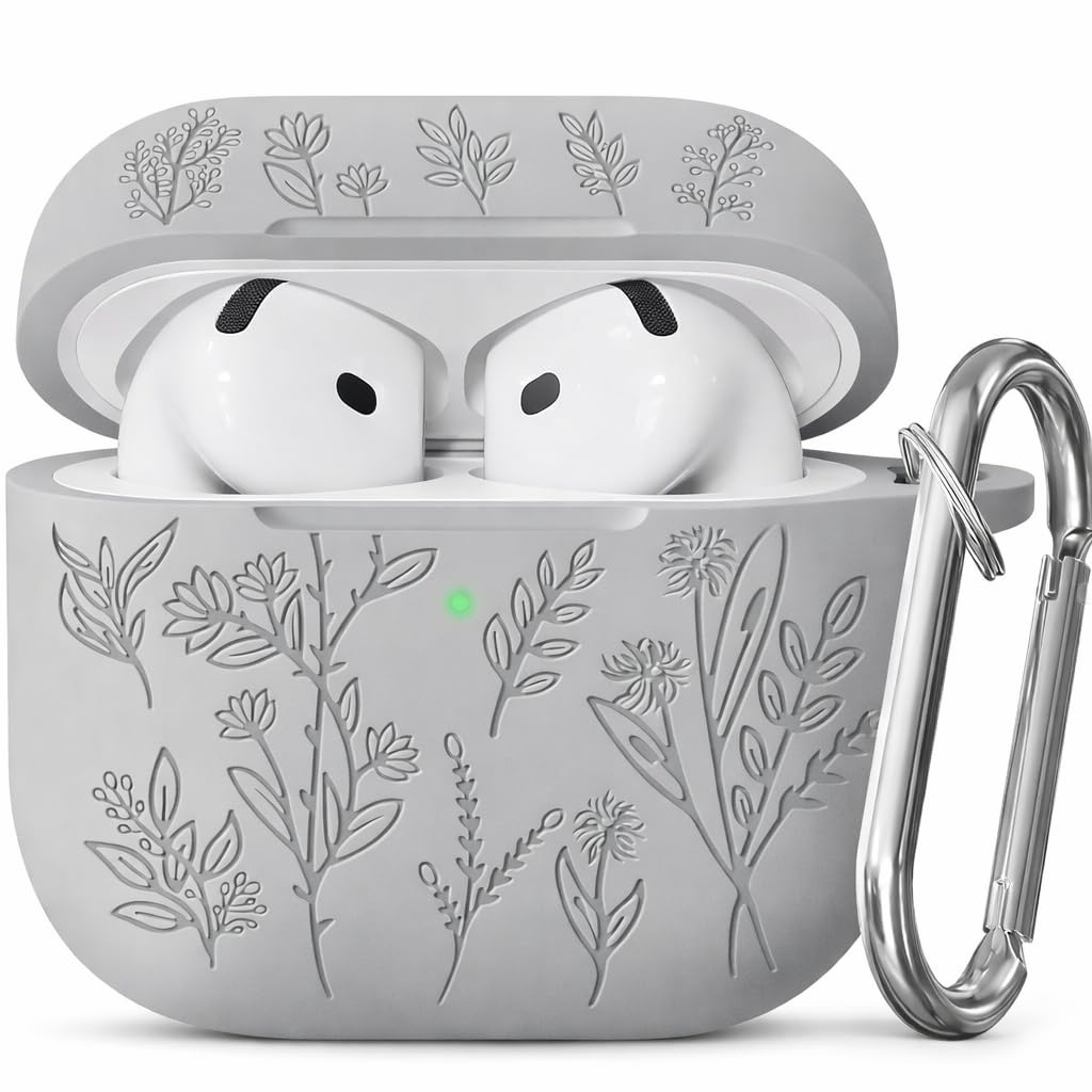 Meyaar Silicone Case for AirPods 4 Floral Embossed, Flower Engraved Soft Silicone Cover with Keychain, Anti-Scratch, Shockproof Protective Case Cover (Light Grey, for AirPods 4 (2024)