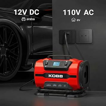 KOBB KB301 Dijital Lastik Şişirme Pompası, 12V/220V, 150 PSI, 35L/dk Hava Akışı, LED Ekran, Siyah, 1.6kg