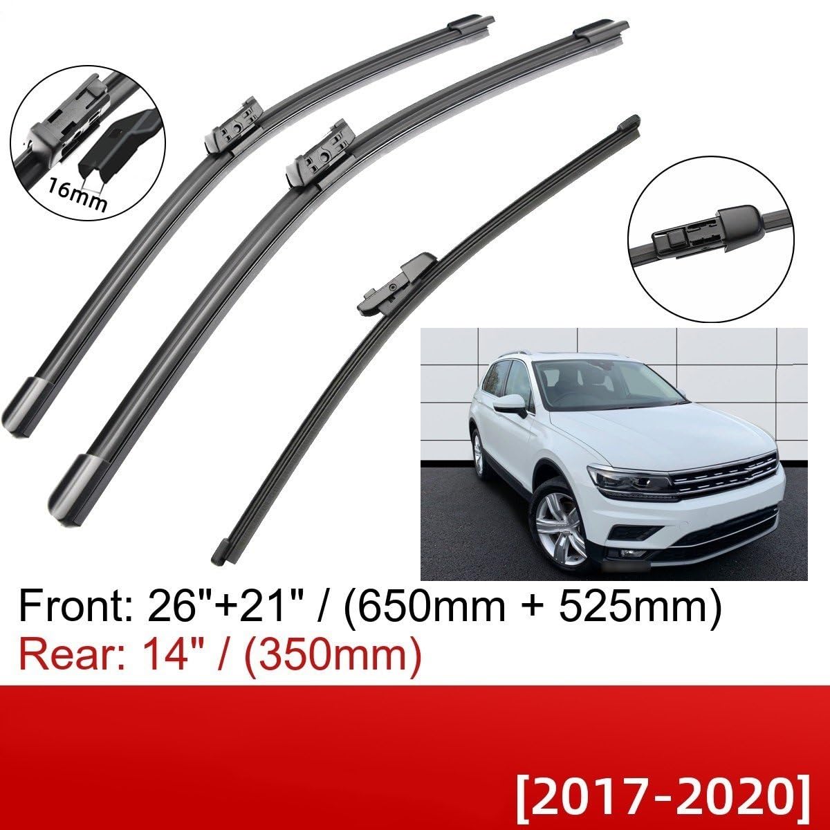 Juego de limpiaparabrisas Escobillas de limpiaparabrisas delanteras y traseras de 26"+21"+14" para VW para Tiguan MK2 2017 2018 2019 2020