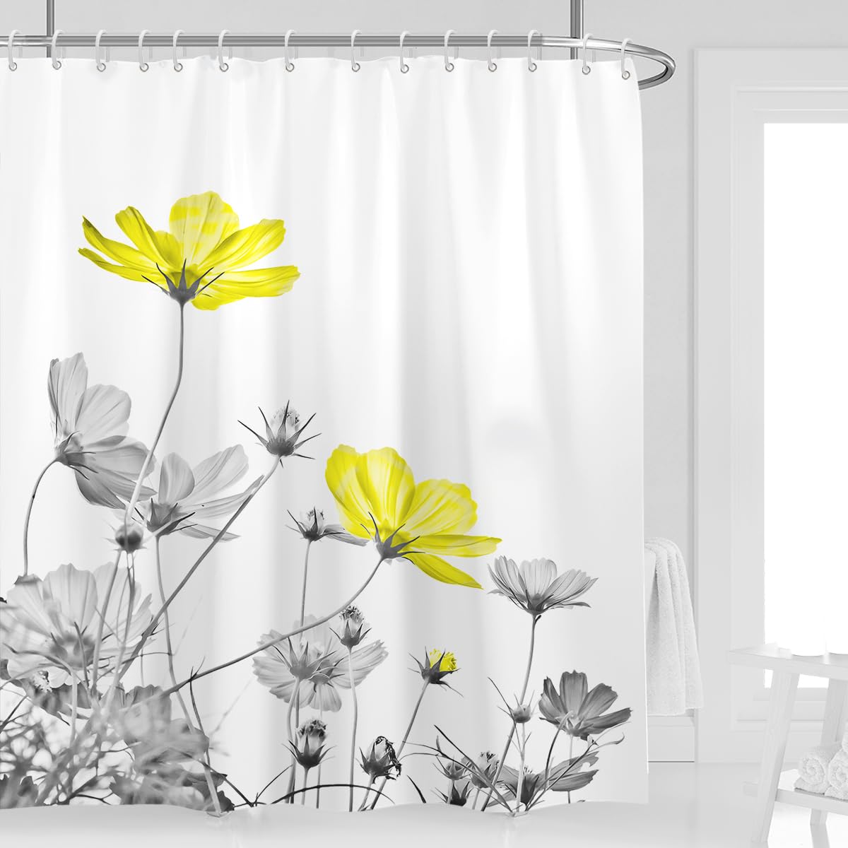 Kikiry Extra Long Shower Curtain 72''W x 84''L Tall Yellow XL Gray Floral Daisy Flower Cute Elegant Botanical Grey Wildflower Bathroom White Curtains