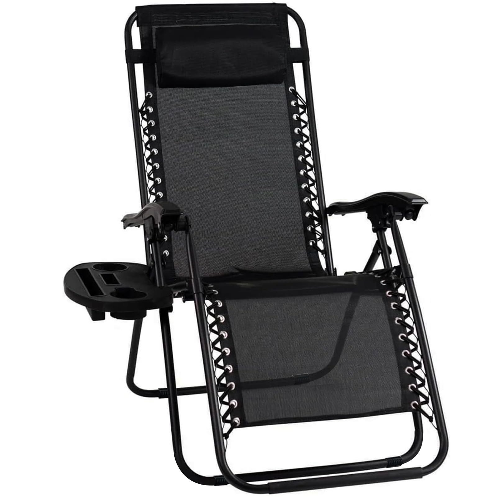 EIGFOH Folding Sun Loungers, Outdoor Garden Beach Chair with Cup Holder and Headrest, Adjustable Beach Chair for Garden, Beach, Pool, Terrace, Load of 150 kg (Black 1 Sun Loungers)