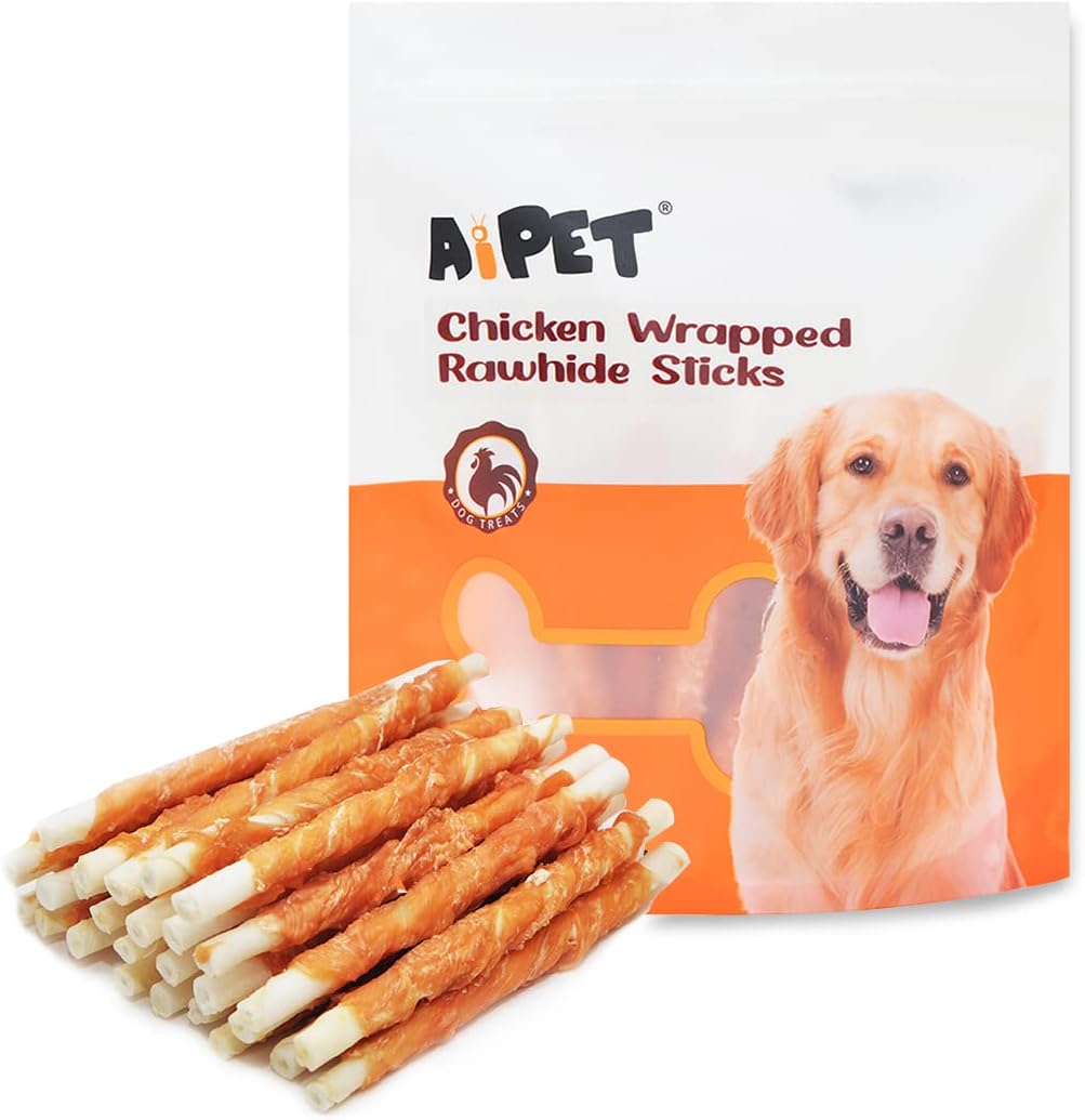 AIPET Dog Treats, Chicken Wrapped Rawhide Sticks for Dogs Treats Puppy Training Chews Snacks Sticks, 11Oz