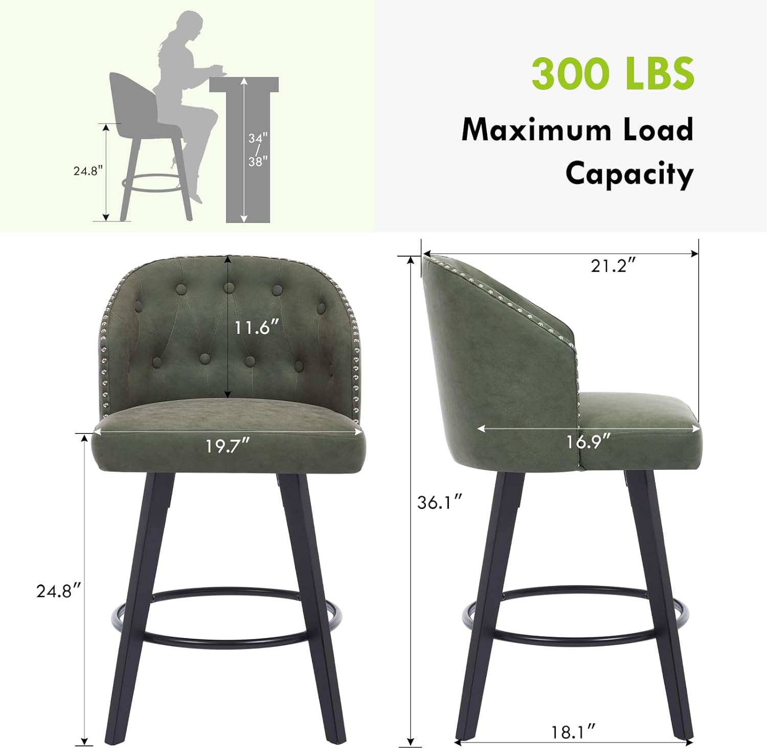 Swivel Bar Stools Set of 4, Faux Leather 24”H Upholstered Counter Height Bar Stool with Back, Mid Century Modern Bar Chair with Solid Wood Legs for Kitchen Island, Home Bar, Green