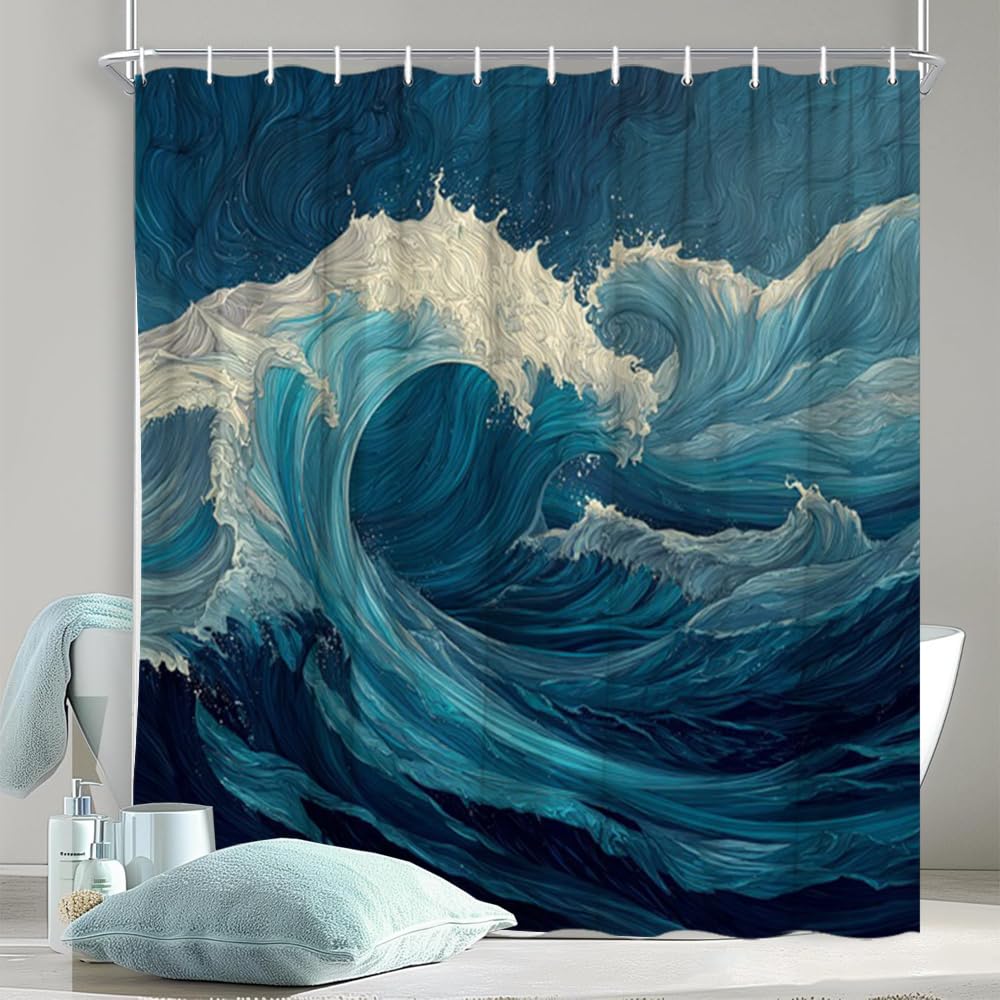 GLWDMB 1 Piece 150x180CM Abstract Blue Wave Printed Shower Curtain With Hook, Polyester, for Windows And Walls, Bathtub, Bathroom, Machine Washable, All Season Universal
