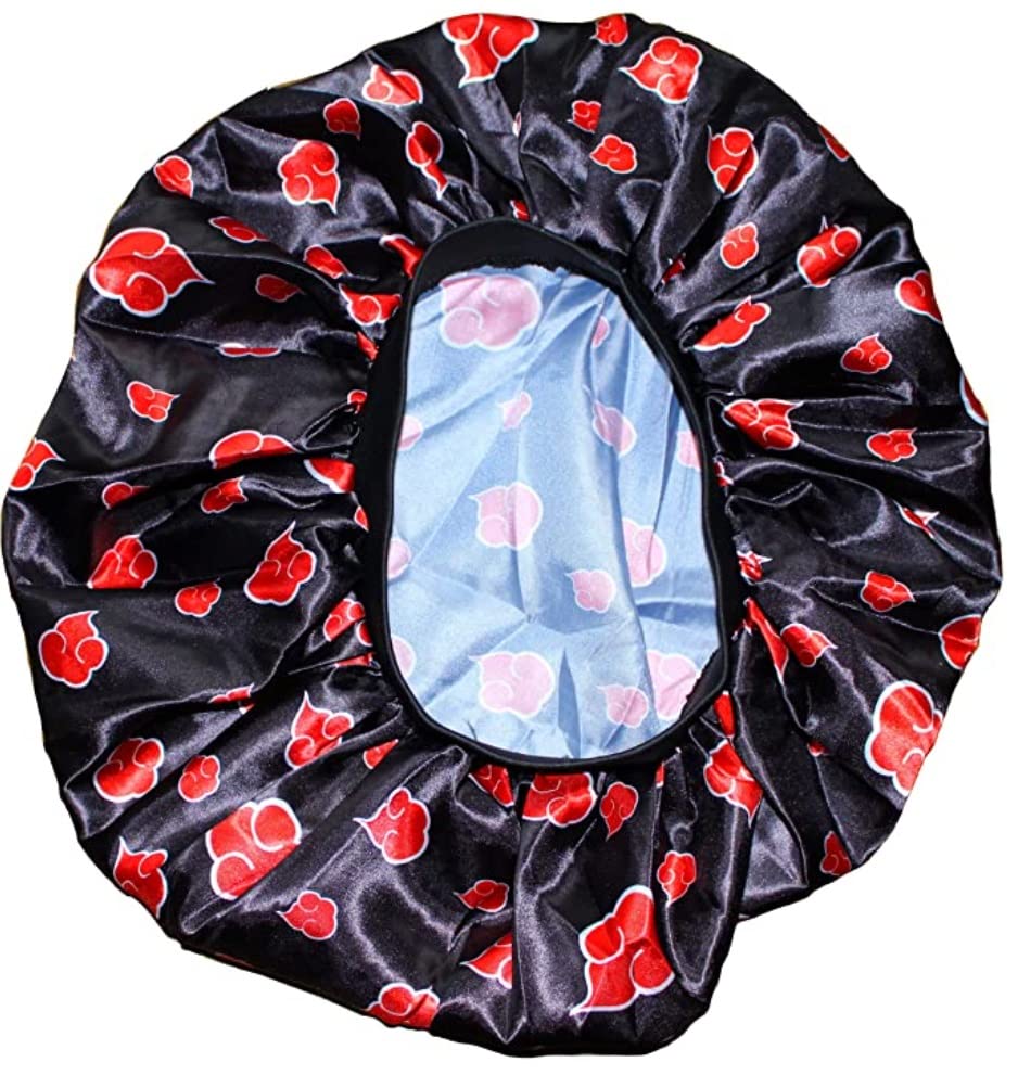 Red Black Cloud Large Bonnet - Silky Design Satin Bonnet with Elastic Soft Band African Head Wrap for Women