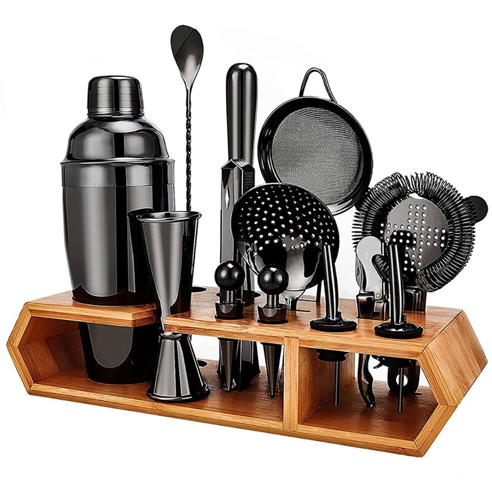 hansum Juego de coctelera de 18 piezas de acero inoxidable para hacer cócteles con soporte de madera (color: negro)