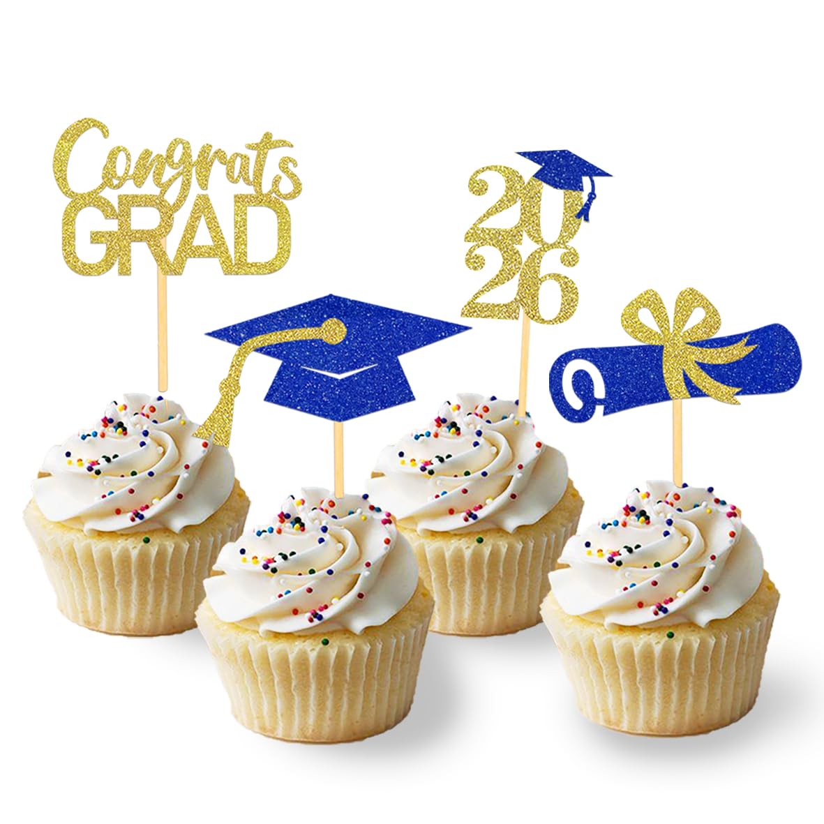 Photo 1 of 24Pcs Graduation Cupcake Toppers, Graduation Decorations Class of 2026 Cupcake Toppers (Blue Gold)