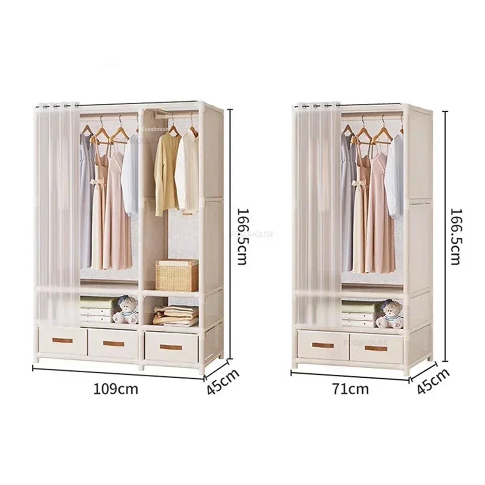 Leinwand-Kleiderschrank Moderner mehrschichtiger Stoff-Kleiderschrank mit offenen Schubladen, tragbarer Kleiderschrank for Zuhause, Schlafzimmer, Kleiderbügel-Aufbewahrung(White-no Drawer-A)