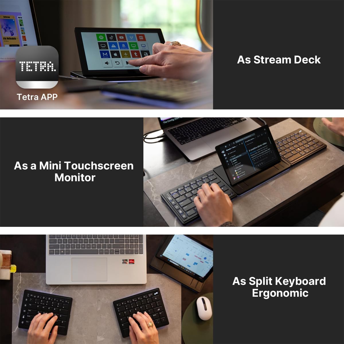 Touchscreen Keyboard with Stream Deck, Split Ergonomic Keyboard+8" Mini Screen Monitor, bluetooth, Macro keys trigger actions in apps and software like OBS, Twitch, YouTube and more, works with Mac/PC