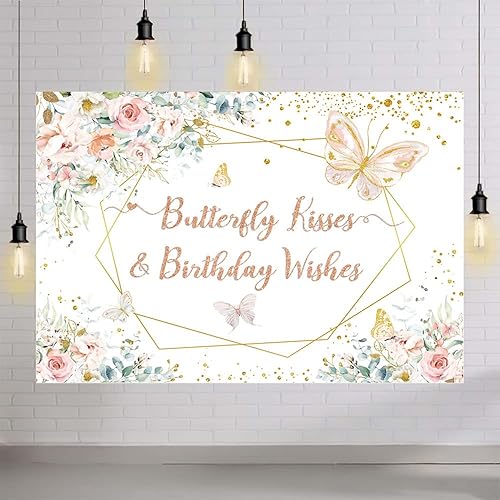 Miniatura 5 de Fondo de fotografía de mariposas de 7 x 5 pies con diseño de besos y deseos de bebé, decoración de baby shower para niñas, decoración de princesa