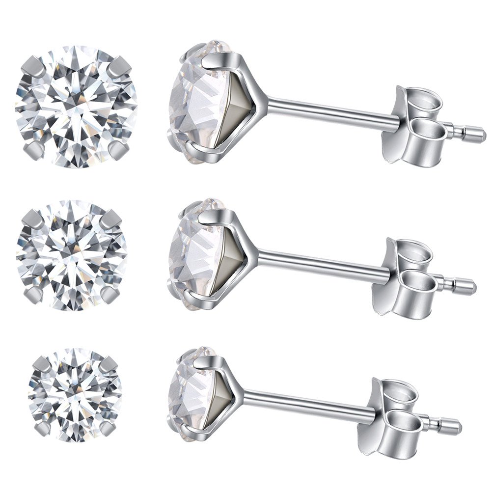 Yan & Lei Sterling Silver Ear Studs Set of 3 Pairs with Round Rhinestone in 4 mm, 5mm and 6 mm