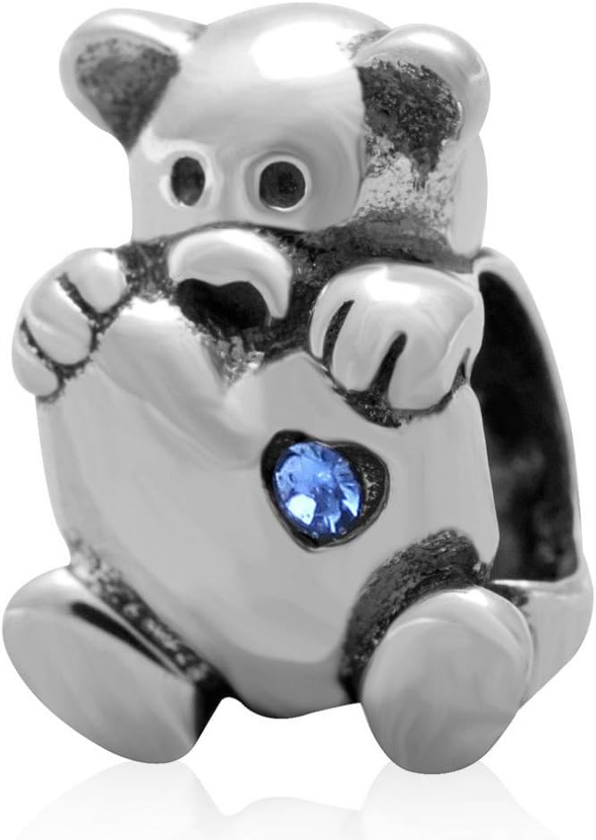 Birthstone Crystal Bear Hugging Heart Charm 925 Sterling Silver Bead Fits European Brand Charms Wonderful Christmas Gift (Blue)