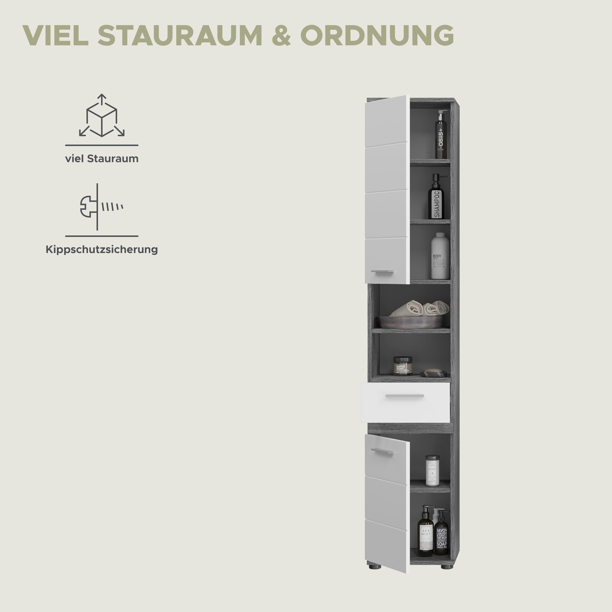 xonox.home - Hochschrank Blake 35x191x31 cm in rauchsilber und weiß Hochglanz - Badschrank Badmöbel Midischrank Badezimmerschrank - stilvolles Design mit vielen Stauraummöglichkeiten