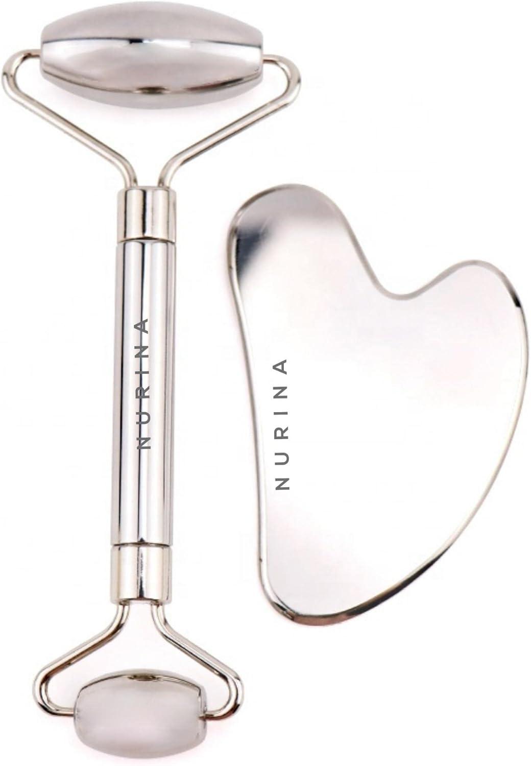 NURINA Pure Stainless Steel Ice Roller Face Roller & Gua Sha Set Double-Sided Facial Tools Face Massager Skin Care Set Gua Sha for Face Neck Body Anti-Wrinkle Facial Massage Kit