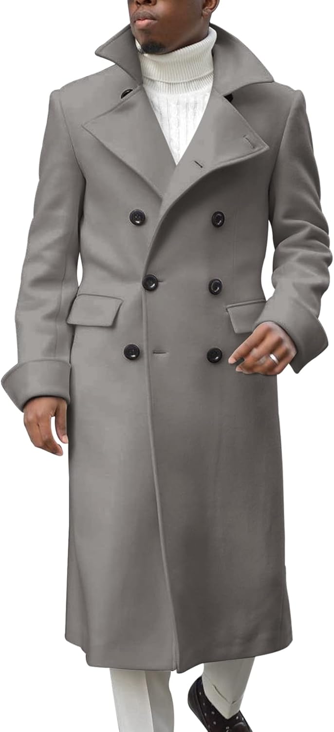 Ebifin Men's Notch Lapel Double Breasted Long Trench Coat Casual Cotton Blend Peacoat - Image 4