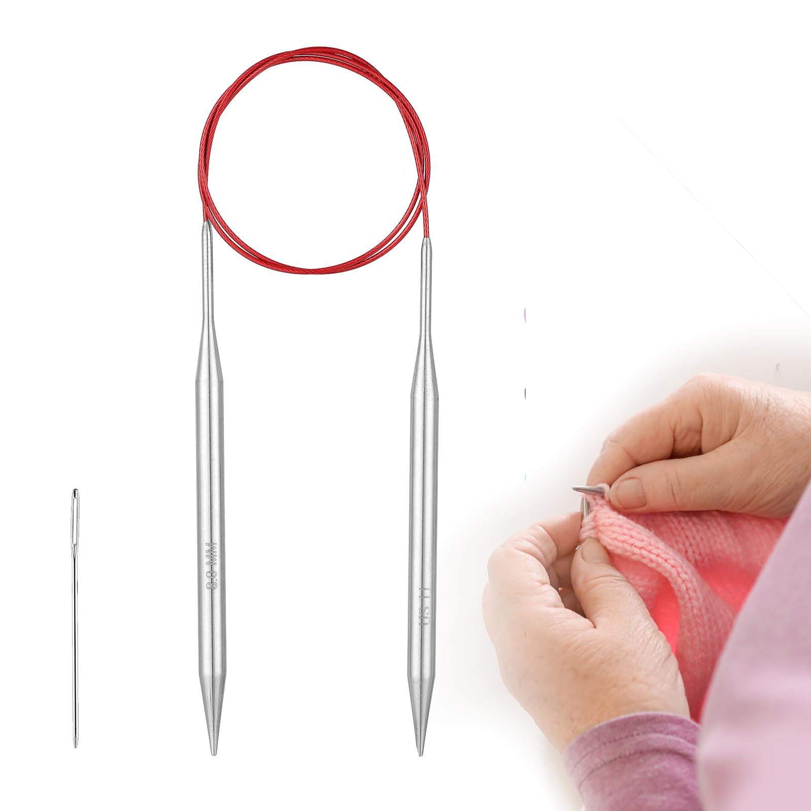 Guclud 8mm Circular Knitting Needles 100cm, Metal Circular Needles with Flexible Cable, Stainless Steel Round Knitting Needles for Beginners, Knitting Pins for Blanket, Scarf, Hats