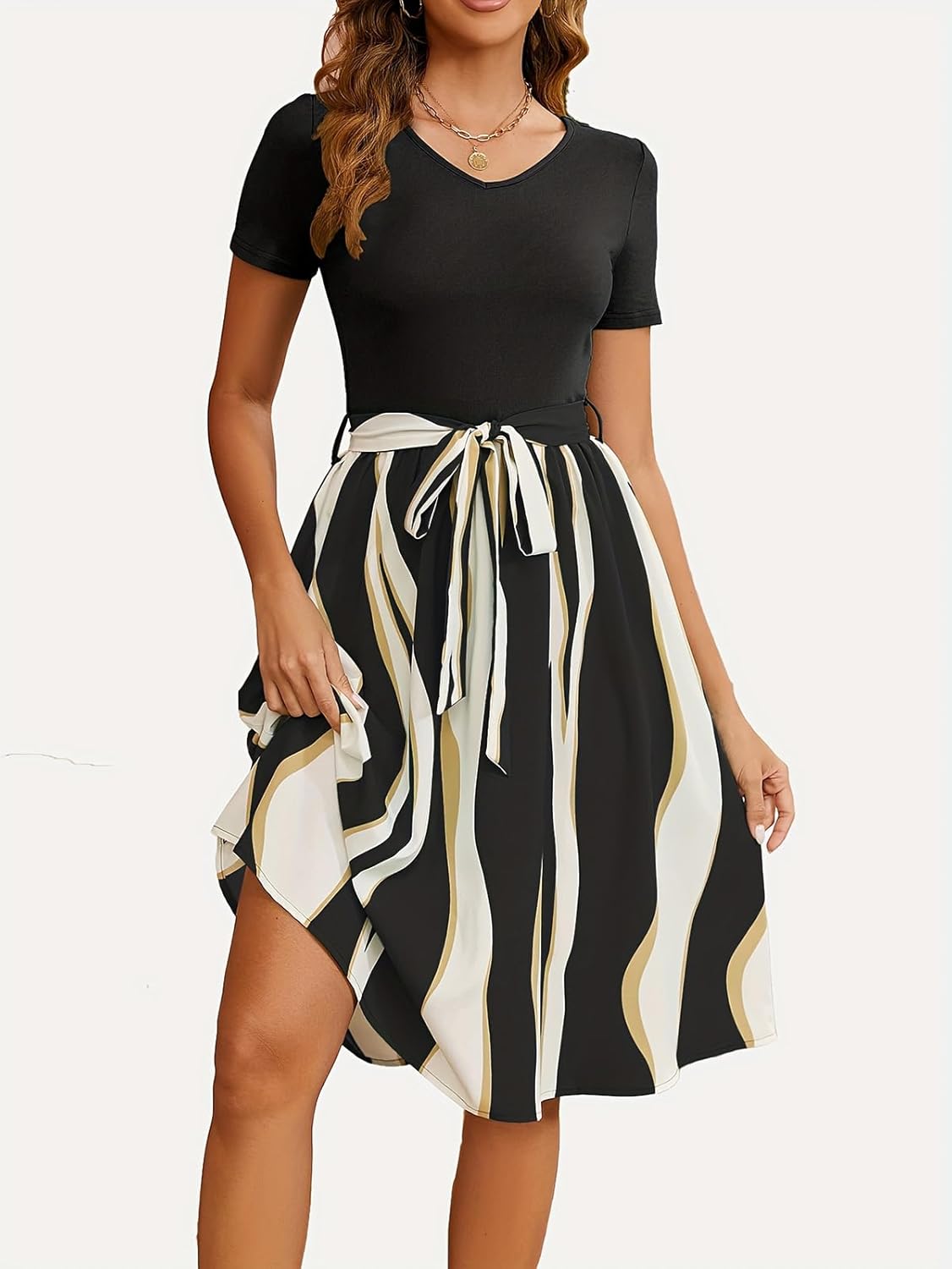 Women's Elegant Vintage V Neck Short Sleeve Summer Casual Work Party A-Line Dress with Belt 824 - Image 3