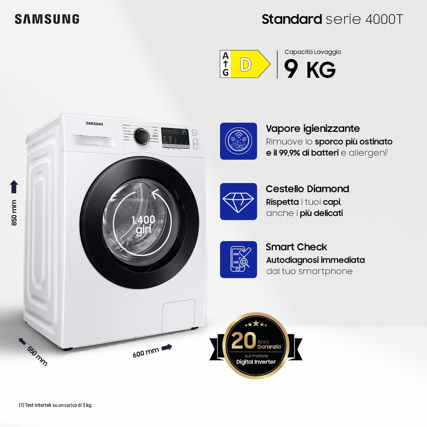 Samsung Lavatrice Serie 4000T WW90T4040CE/ET, Libera Installazione, 9 kg, 1400 RPM, Classe D, Vapore, Carica Frontale, 60l x 85h x 55p cm