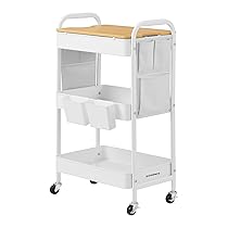SONGMICS Carrello a 3 Ripiani, Carrellino con Piano d’Appoggio, 2 Contenitori Pensili Rimovibili, 6 Tasche Laterali, per Soggiorno Studio Cucina Bagno, Bianco Nuvola LRC036W01