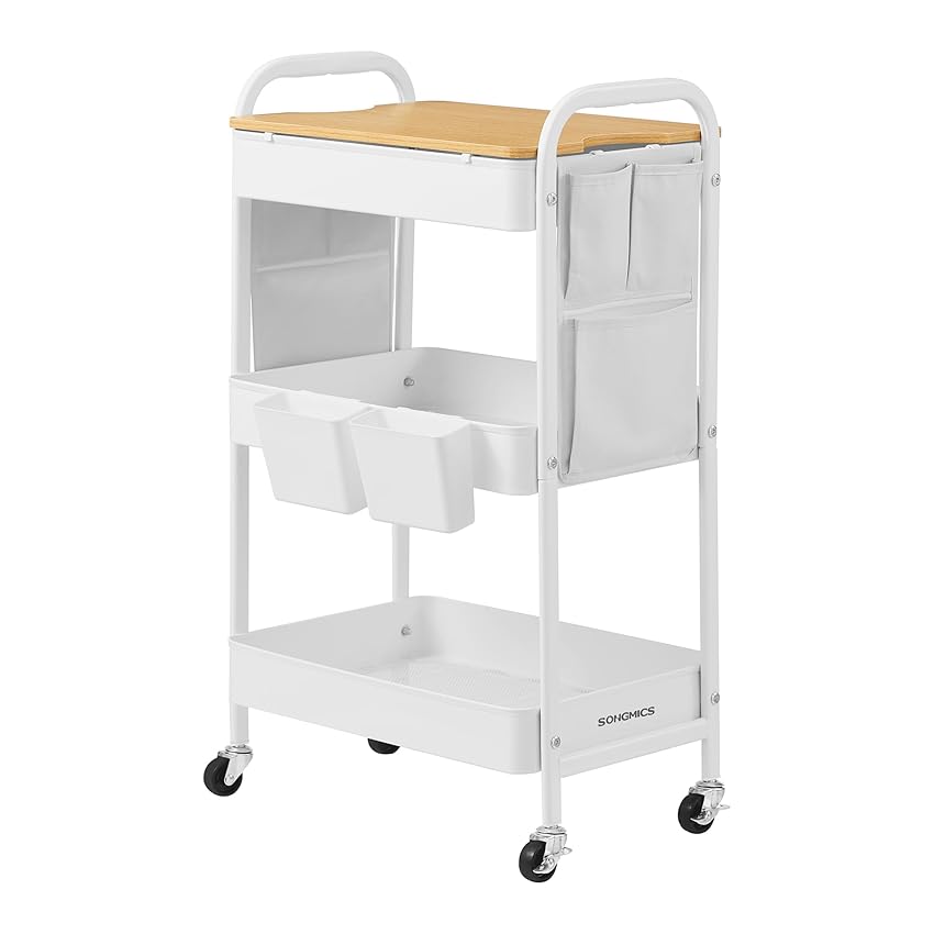 SONGMICS Carrello a 3 Ripiani, Carrellino con Piano d’Appoggio, 2 Contenitori Pensili Rimovibili, 6 Tasche Laterali, per Soggiorno Studio Cucina Bagno, Bianco Nuvola LRC036W01