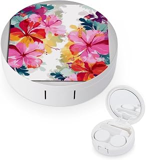 Hawaiian Flower Print Contact Lens Case Kit with Mirror,Tweezer And Contact Lenses Solution Bottle,Portable Soak Storage Kit Leak Proof Contact Lens Box Holder Container for Travel