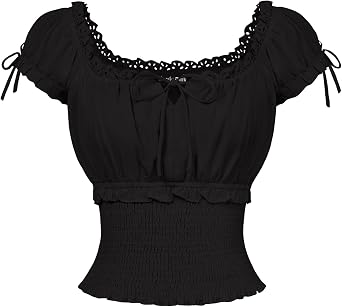 Scarlet Darkness Renaissance Peasant Blouse for Women Square Neck Short Sleeve Smocked Waist Tops