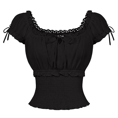 SCARLET DARKNESS Women Renaissance Cotton Short Sleeve Square Neck Top Smocked Waist U-Back Ruffled Cuff Blouses