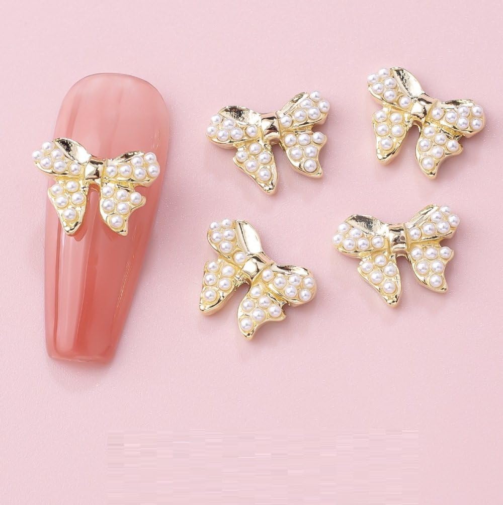 qbodp 20 Pcs Nail Decoration Pearl Nail Decoration Bow Decoration for Nail, Nail Supplies Nail Art Decoration Accessories,Gold