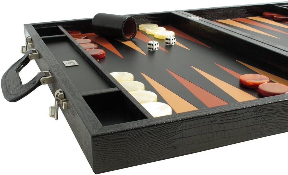 Leather Backgammon Board Set - (23" Large Attache Case, Zaza & Sacci) - Black Lizard