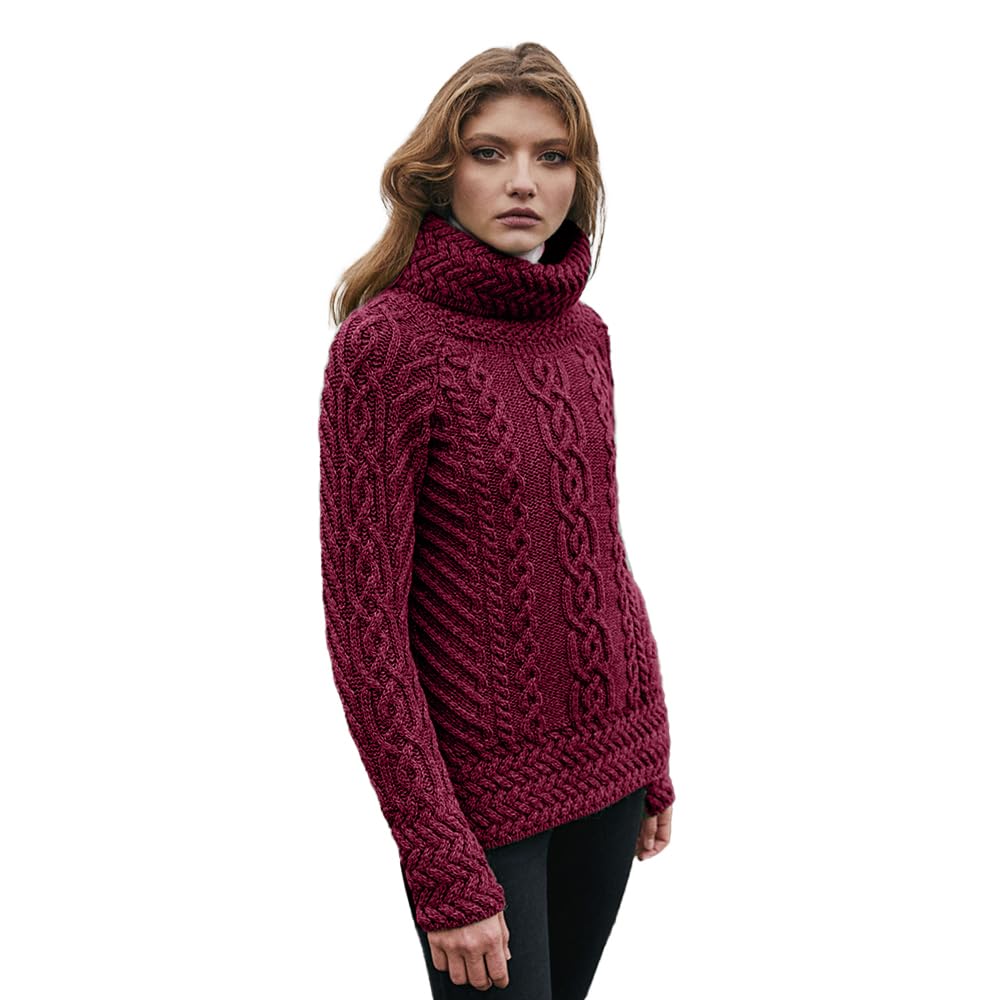 SAOL 100% Merino Wool Fisherman Funnel Neck Irish Aran Sweater for Women, Velvet red, M