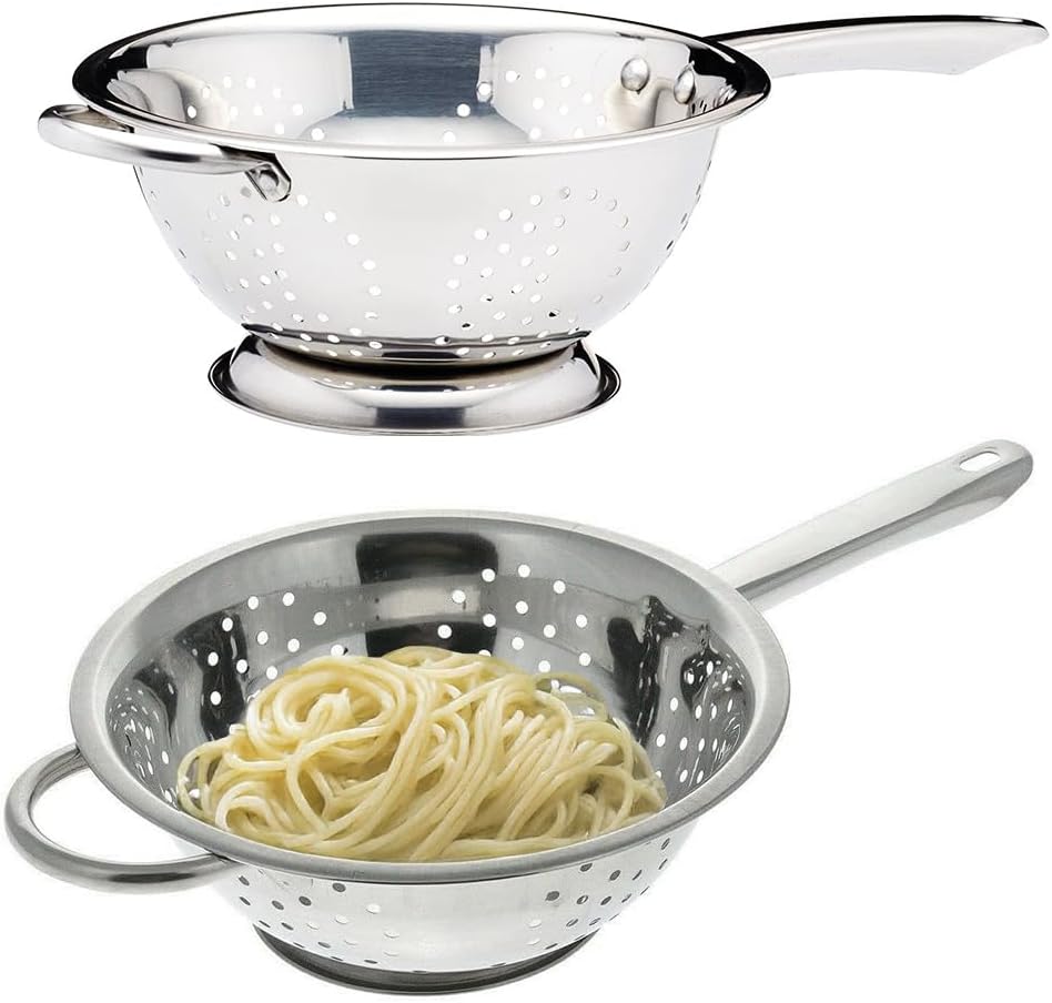 Stainless Steel Colander - with Long Handle, Deep Pasta Spaghetti Salad Strainer | for Pasta, Beans, Or Vegetables Washing Filter Basket (20Cm)
