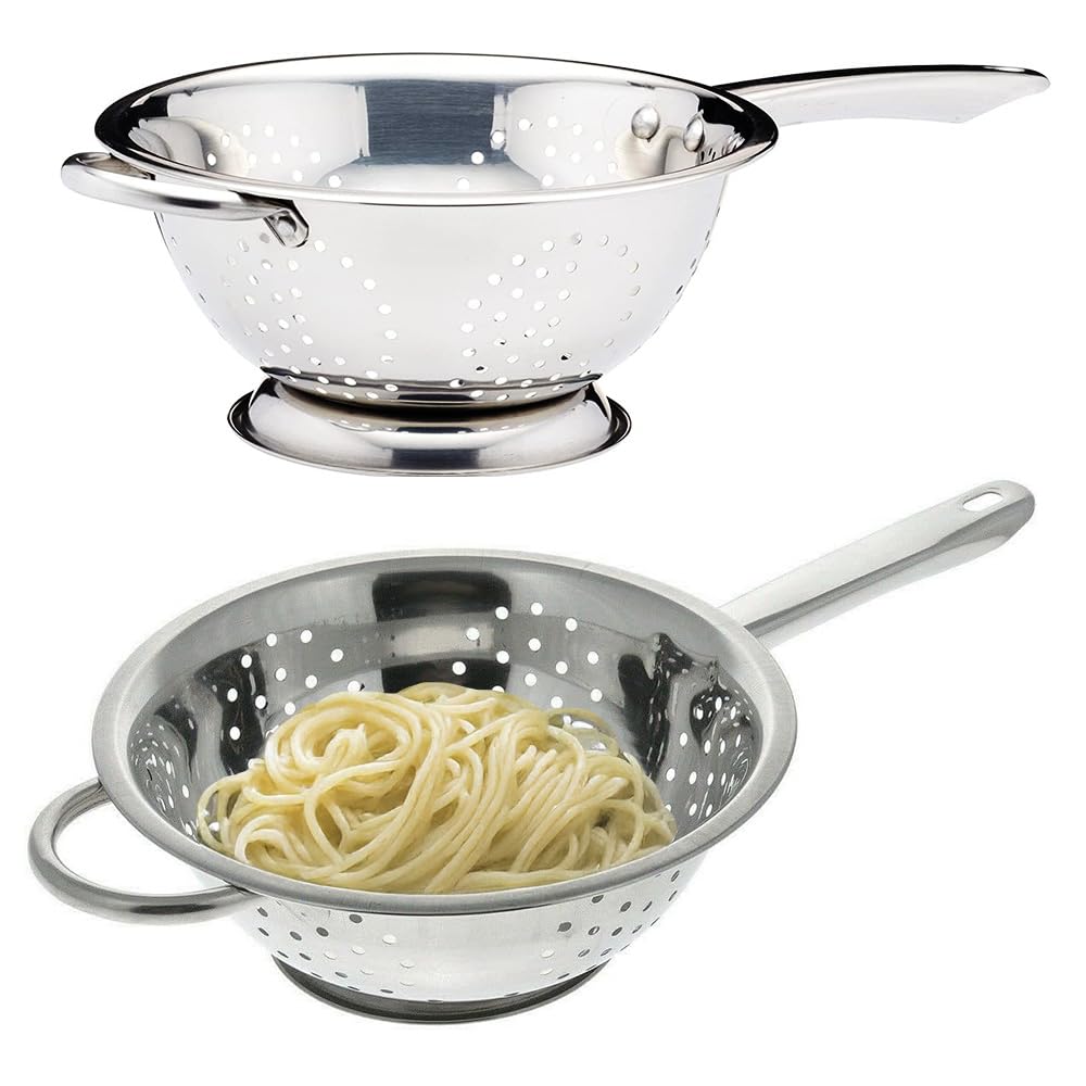 Stainless Steel Colander - with Long Handle, Deep Pasta Spaghetti Salad Strainer | for Pasta, Beans, Or Vegetables Washing Filter Basket (20Cm)