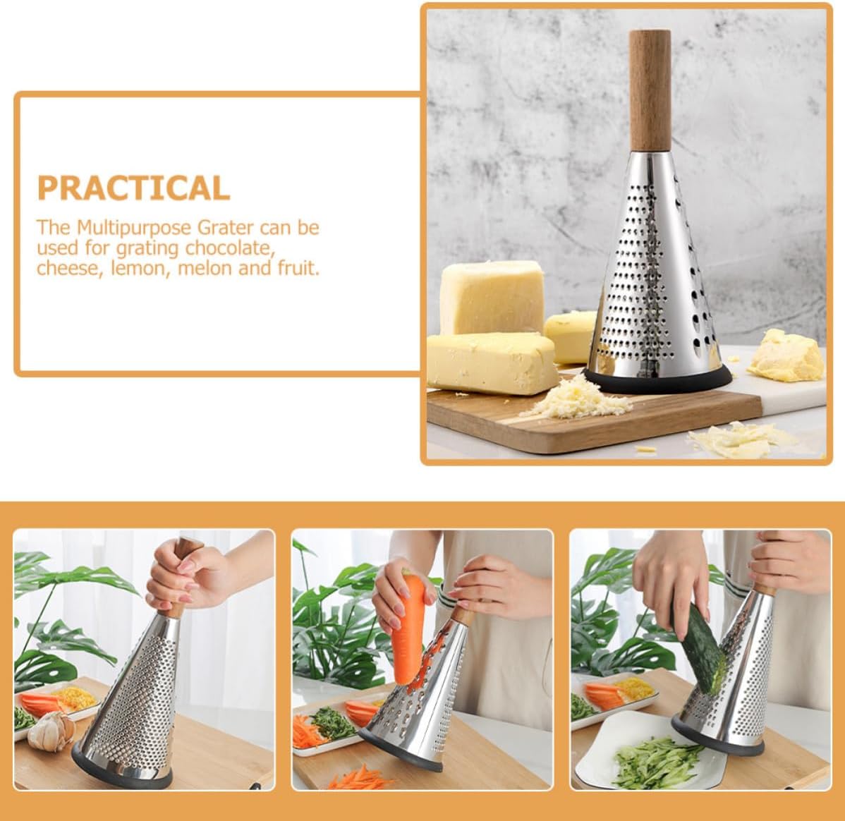 Vertical Cone-shaped Stainless Steel Cheese Grater with Wood Handle