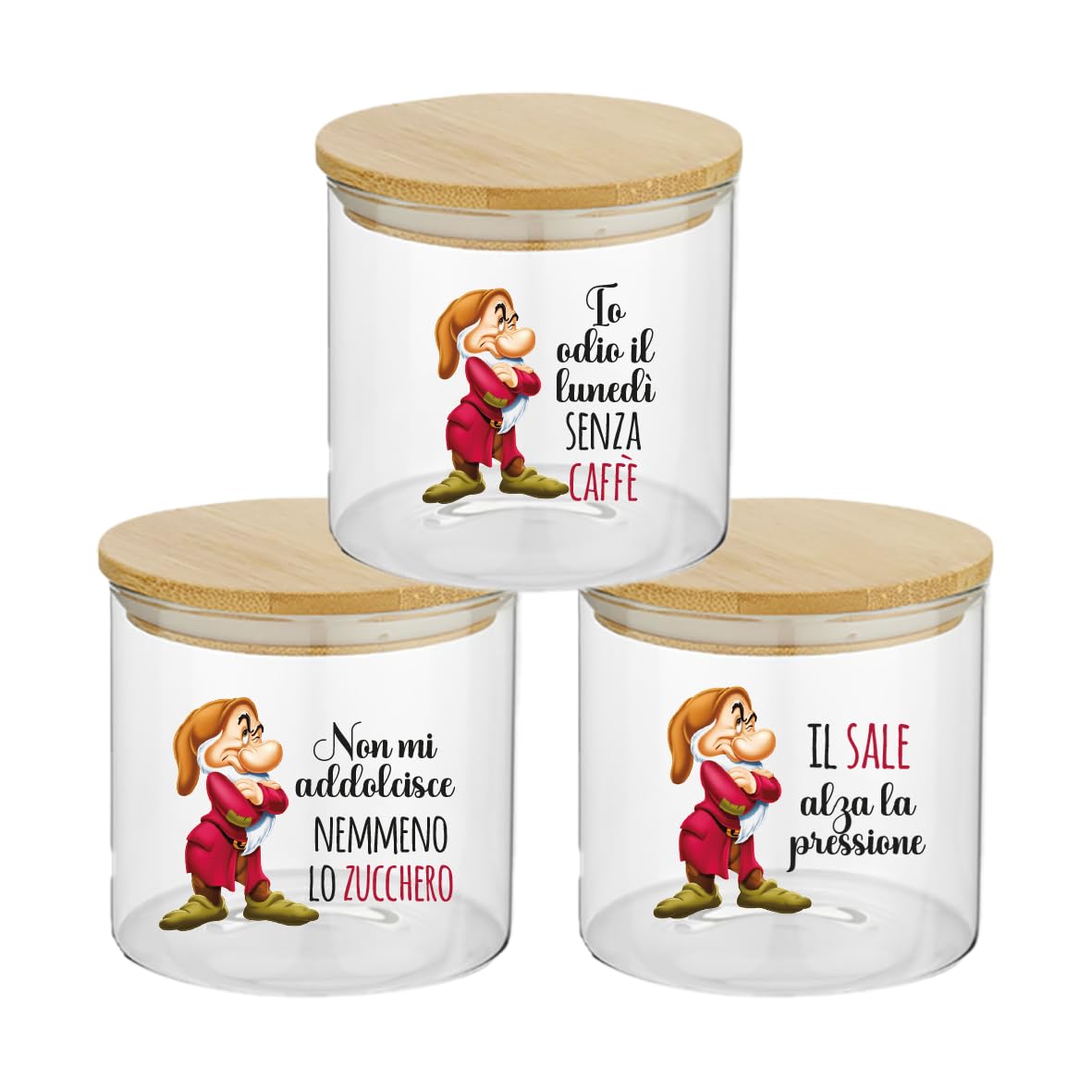 Generico Set di 3 Barattoli Trasparenti in Vetro per Sale, Zucchero e Caffè - Rustico Elegante - Idea Regalo per Arredare e Decorare la Cucina - Piccolo