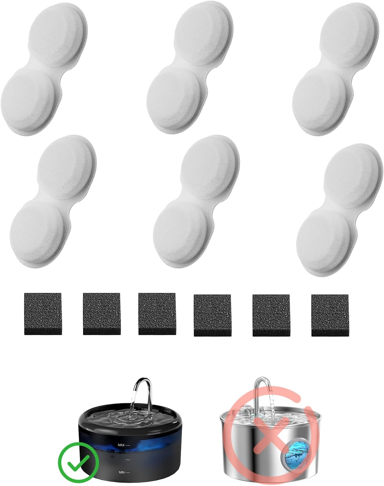 VOUAAOOD Cat Water Fountain Filters: 12 Cat Fountain Filters Replacement for H6 - Pet Water Fountain Filters - 3 Months Usage Kit of Indoor Pet Fountain Filter - 6 Carbon Filters + 6 Sponges Filters